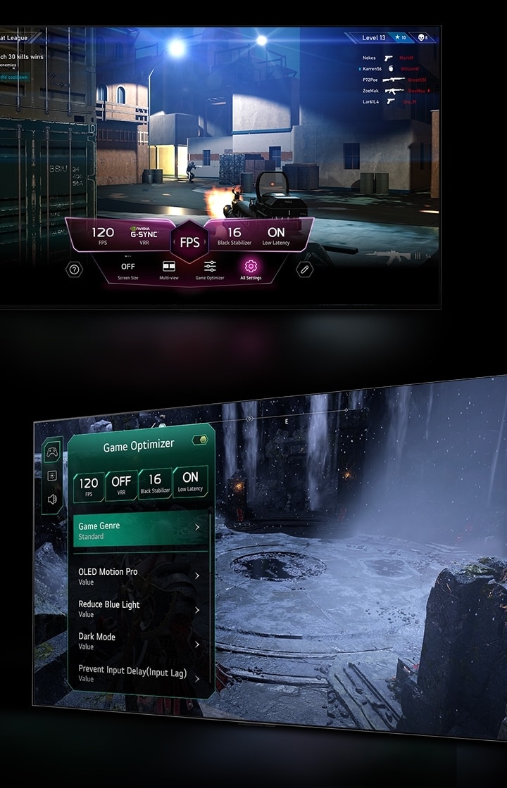 A FPS gaming scene with the Game Dashboard appearing over the screen during gameplay on the left. A dark, wintery scene with the Game Optimizer menu appearing over the game on the right. 
