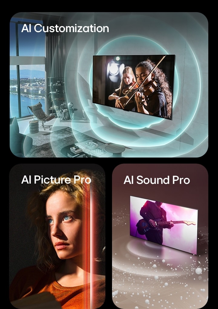 Three images are shown. The first shows an LG SIGNATURE OLED M4 in a modern living space displaying a musical performance on screen. Blue circular waves depicting personalization surround the TV and space. The second shows a woman with piercing blue eyes and a burnt orange top in a dark space. Red lines depicting AI refinements cover part of her face, which is bright and detailed, while the rest of the image looks dull. The third shows an LG SIGNATURE OLED M4 as sound bubbles and waves emit from the screen and fill the space.