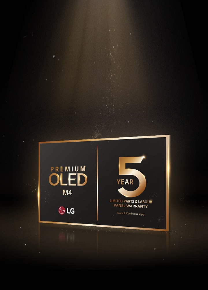LG OLED Care+ and 5 Year Panel Warranty in gold logo against a black backdrop, illuminated by gold light from above.
