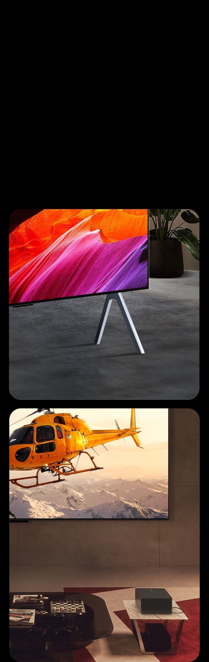 On the left, a close-up angled perspective of LG SIGNATURE OLED M4 on a stand and abstract pink and orange art on the screen. On the right, Zero Connect Box on a small table in front of LG SIGNATURE OLED M4 mounted on the wall and a bright image of an orange helicopter over snowy mountains.