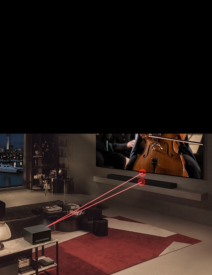 A concert plays on the screen of LG SIGNATURE OLED M4, and a Zero Connect Box is in front. A red Wi-Fi signal appears above the Zero Connect Box and two beams of red light emit towards the TV and LG Soundbar.