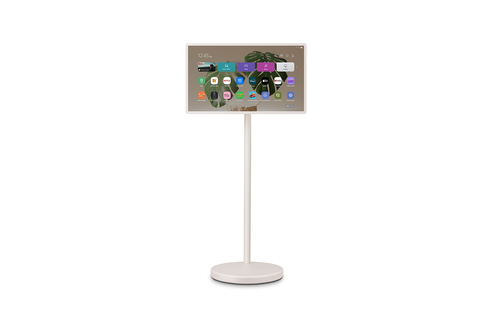 Front view of LG StanbyME 2 on the stand.