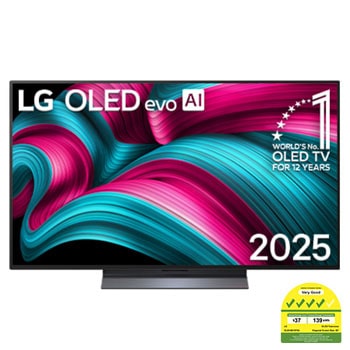 Front view of LG OLED evo AI C5 4K Smart TV. 12 Years of world number 1 OLED emblem and LG OLED evo AI 2025 logo are on the screen.