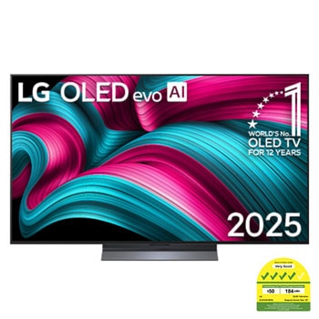 Front view of LG OLED evo AI C5 4K Smart TV. 12 Years of world number 1 OLED emblem and LG OLED evo AI 2025 logo are on the screen.