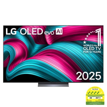 Front view of LG OLED evo AI C5 4K Smart TV. 12 Years of world number 1 OLED emblem and LG OLED evo AI 2025 logo are on the screen.