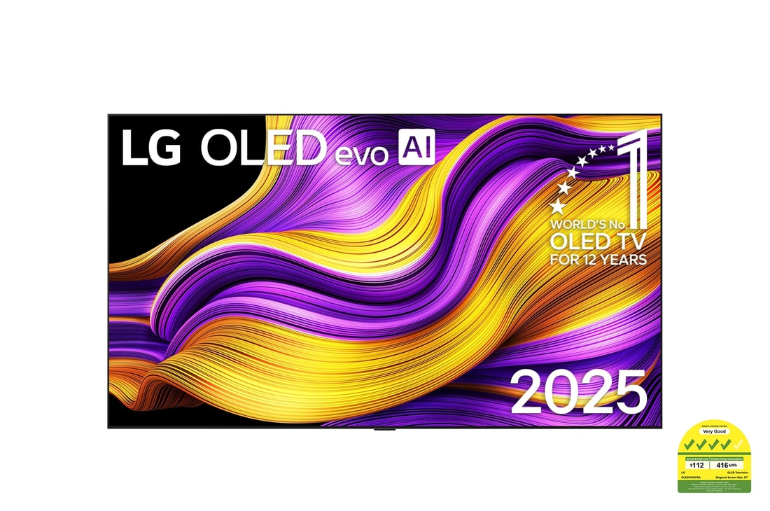 Front view of LG OLED evo AI G5 4K Smart TV. 12 Years of world number 1 OLED emblem and LG OLED evo AI 2025 logo are on the screen.