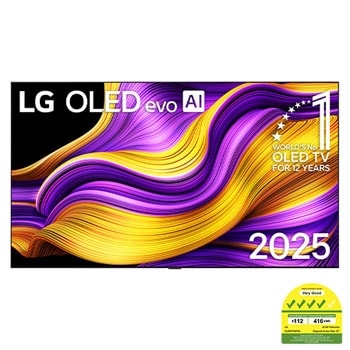 Front view of LG OLED evo AI G5 4K Smart TV. 12 Years of world number 1 OLED emblem and LG OLED evo AI 2025 logo are on the screen.