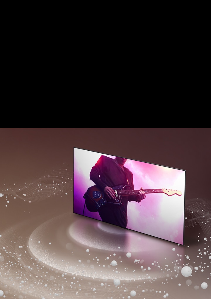 LG OLED evo M4 shows musicians on screen as sound bubbles and waves emit from the screen and fill the space.	