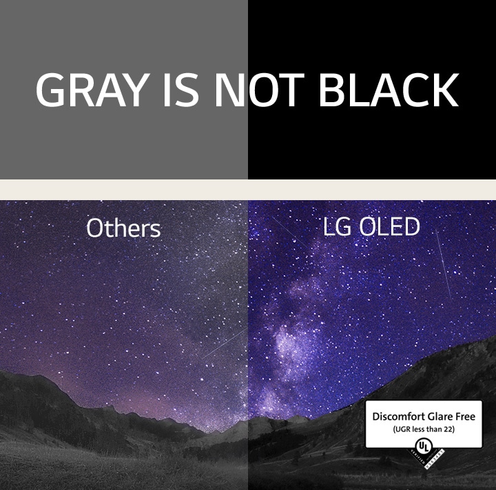 The Milky Way fills the night sky above a canyon scene. Above the image, "gray is not black" is written in white block capitals against a black backdrop. The screen is split into two sides and marked "Others" and "LG OLED." The other side is noticeably dimmer and lower in contrast, whereas the LG OLED side is bright with high contrast. The LG OLED side also features Discomfort Glare Free certification.
