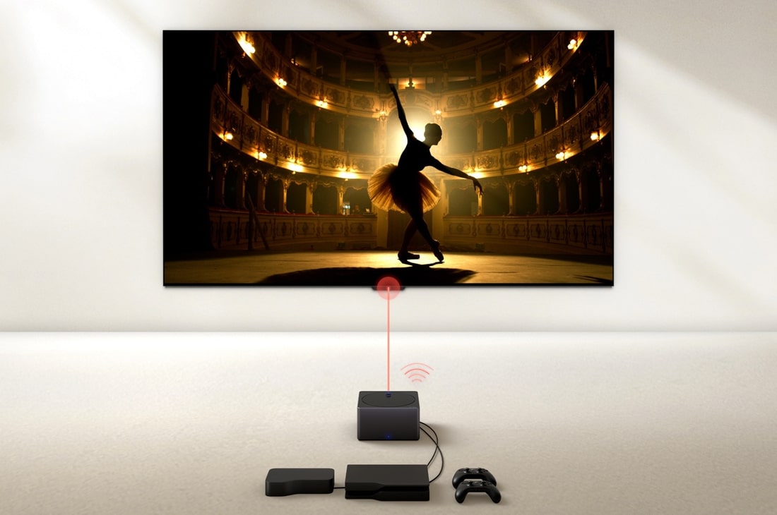 A Zero Connect Box in front of an LG OLED evo M4, and a red Wi-Fi signal and red beam emitting towards the TV. The TV displays a ballerina dancing solo on stage.