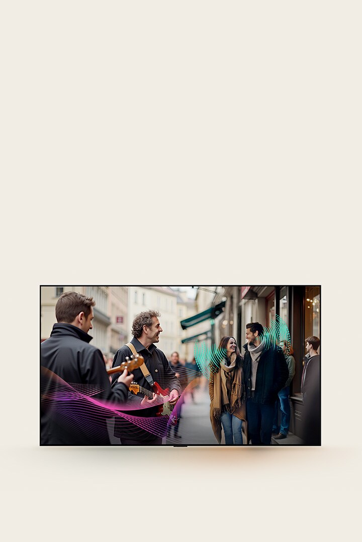 A busy street filled with people. A couple is walking having a conversation. A couple of street performers are playing guitar. Abstract soundwaves are coming from the guitar players and the couple representing how every sound element can be heard clearly with AI Object Remastering. 	