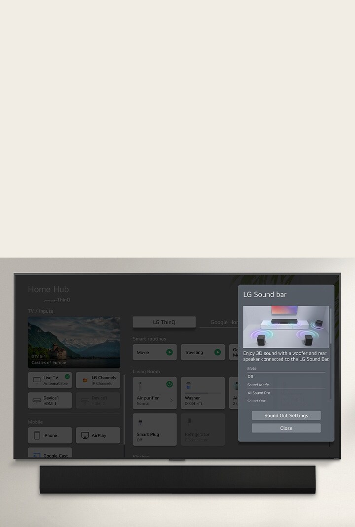 LG Soundbar is below an LG OLED TV. On the TV screen is the UI for the soundbar and TV volume controls. 	