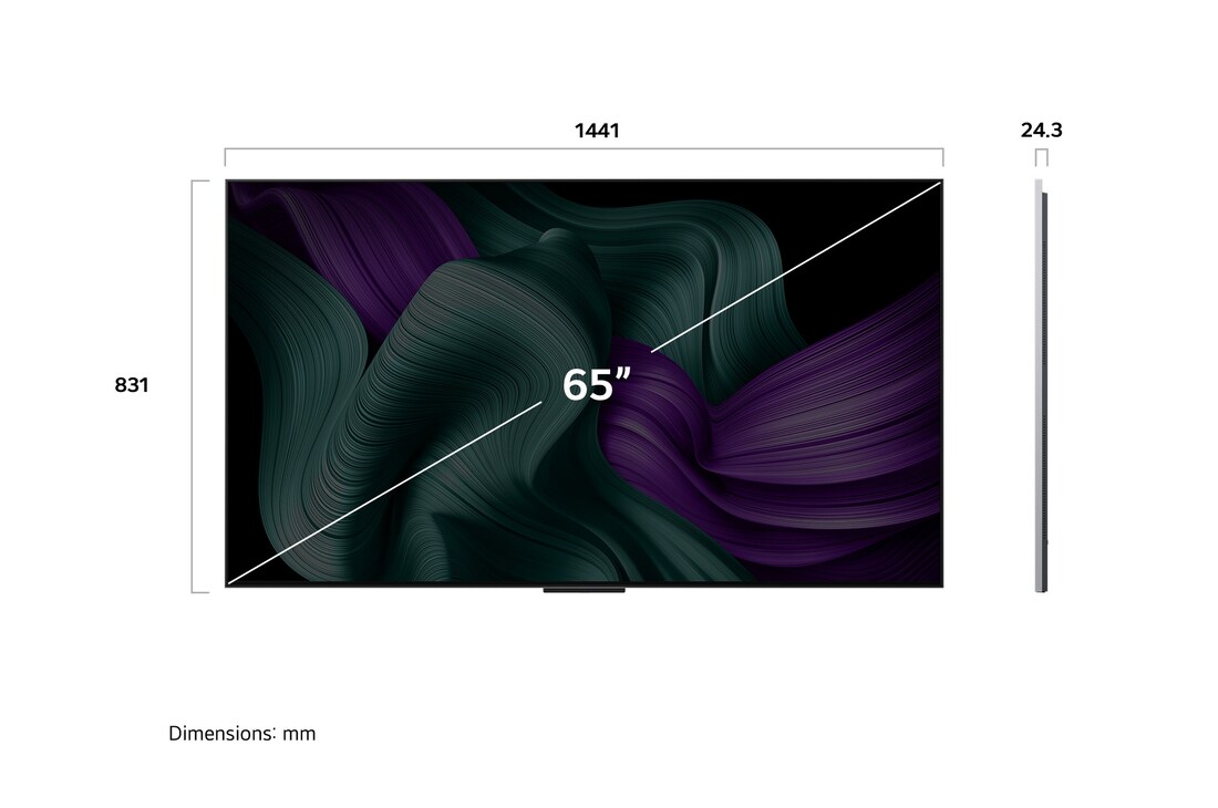 Front view and side view of LG OLED M5 TV showing its length, width, height, and depth dimensions.