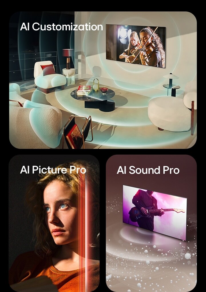 An image of an LG OLED in a modern living space showing a musical performance on screen. Blue circular waves depicting personalization surround the TV and space.  An image of a woman with piercing blue eyes and a burnt orange top in a dark space. Red lines depicting AI refinements cover part of her face, which is bright and detailed, while the rest of the image looks dull.  An image of an LG OLED TV as sound bubbles and waves emit from the screen and fill the space.