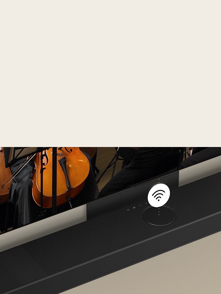 An image of an LG OLED TV and soundbar mounted on the wall with a white Wi-Fi symbol graphic in the middle.