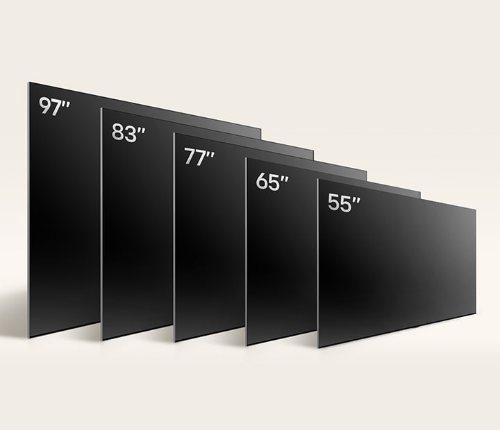 An image comparing LG OLED G4's varying sizes, showing 55", 65", 77", 83", and 97".