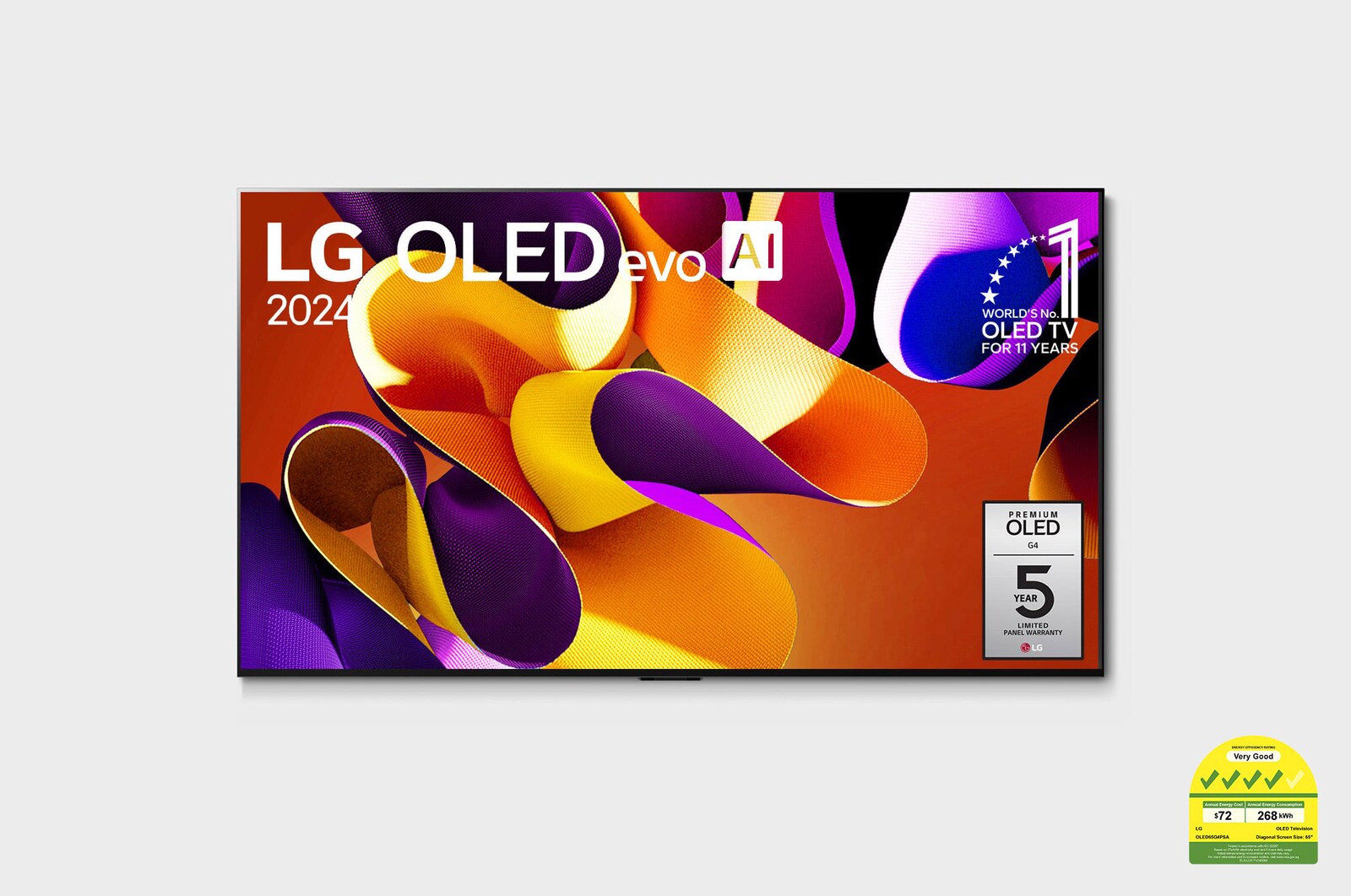 Front view with LG OLED evo and 11 Years World No.1 OLED Emblem on screen, as well as the Soundbar below