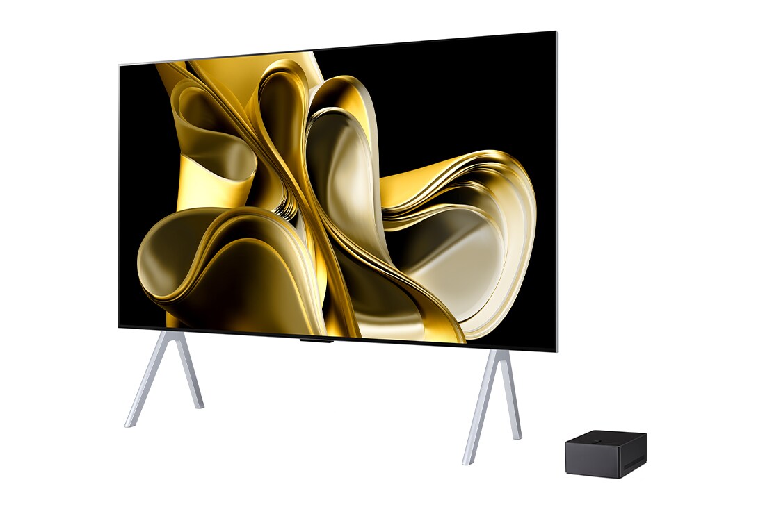 Slightly-angled left-facing side view of LG OLED M3 on the stand  with the Zero Connect Box below it