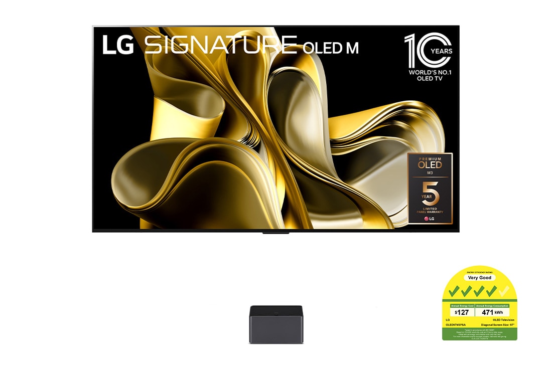 Front view with LG OLED M3 on the stand and Zero Connect Box below, 10 Years World No.1 OLED Emblem, LG Signiture OLED M, and 5-Year Panel Warranty logo on screen