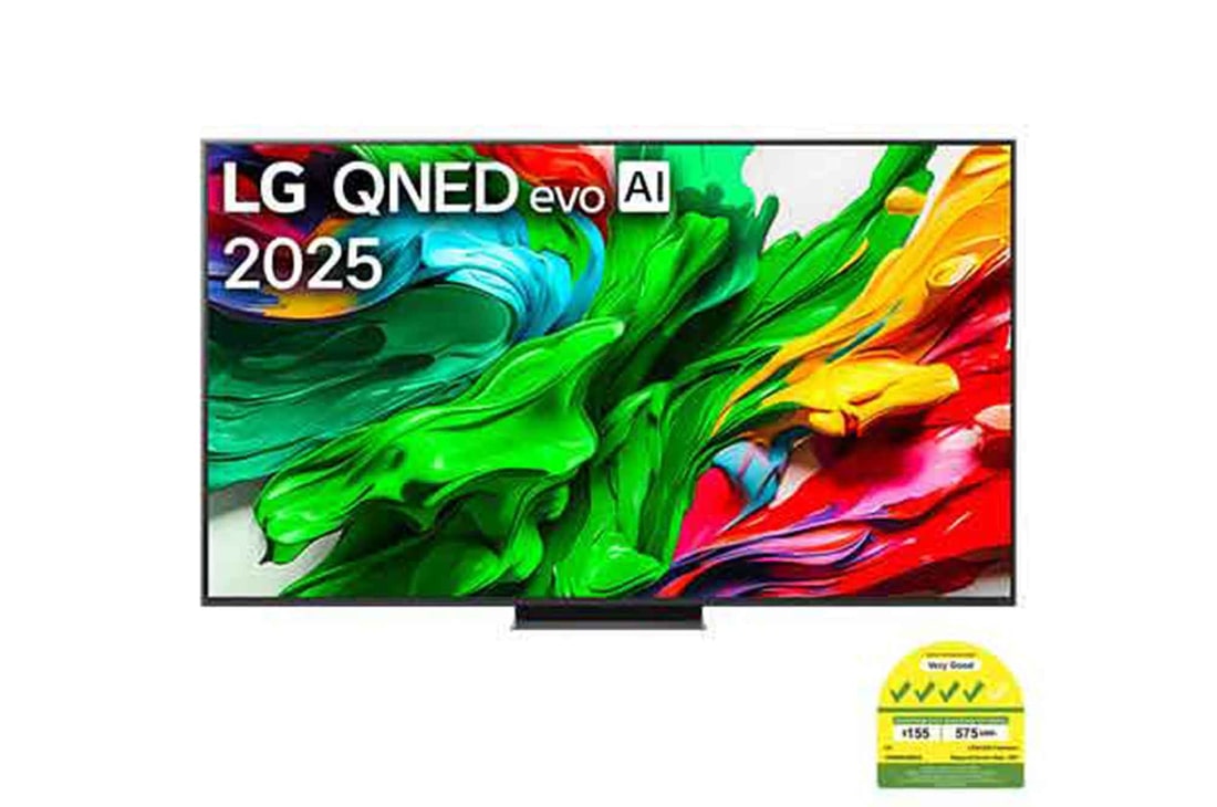 Front view of LG QNED evo TV, LG QNED evo Al Logo on the top corner. LG QNED evo TV depicts colorful paintike textures coming together.