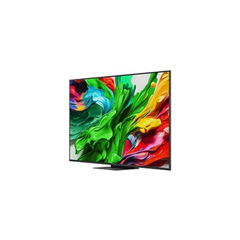 Front view and side view of LG QNED evo AI QNED85 4K Smart TV showing its length, width, height, and depth dimensions.