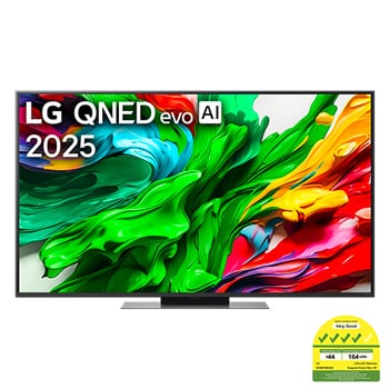 Front view of LG QNED evo QNED85 TV, LG QNED evo Al Logo on the top corner. LG QNED evo QNED85 TV depicts colorful paintike textures coming together.