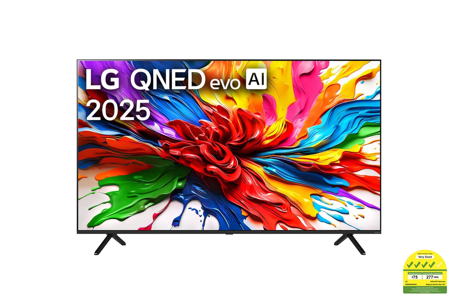 Front view of LG QNED evo QNED92 TV, LG QNED evo Al Logo on the top corner. LG QNED evo TV depicts colorful paintike textures coming together.