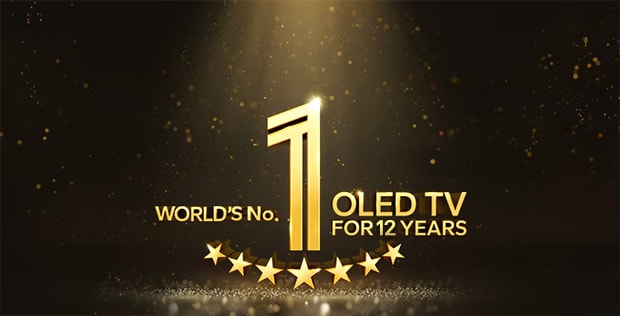 A gold emblem of World's number 1 OLED TV for 12 Years against a black backdrop. A spotlight shines on the emblem, and gold abstract stars fill the space.