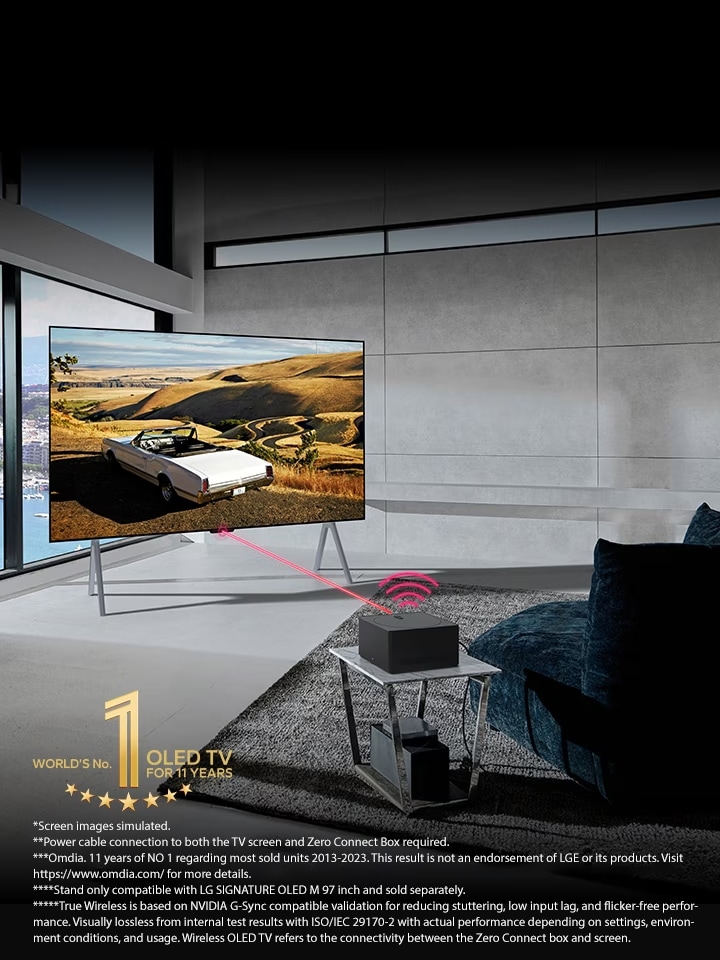 In a modern living space, LG OLED TV is on a stand and a Zero Connect Box is placed on a table in front with devices tucked underneath. A red Wi-Fi signal and red beam emit towards the TV screen. The gold World's number 1 OLED TV for 11 Years emblem is at the bottom.