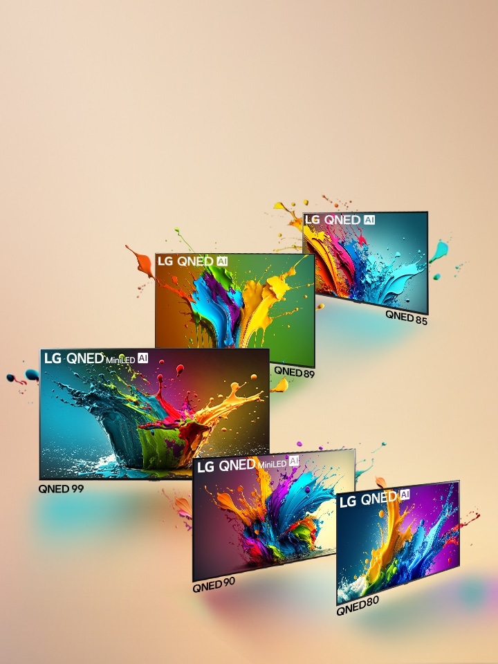 LG QNED 80, QNED 90, QNED 99, QNED 89, and QNED 85 TV standing side by side in an angled line with QNED 99 TV facing forward and the others at a 45 degree angle. Colorful droplets and waves of paint explode out of each screen, and light radiates, casting colorful shadows below.