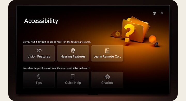 ภาพระยะใกล้ของหน้าจอ LG TV ที่แสดงปุ่มต่างๆ เช่น กีฬา, โฮมออฟฟิศ, เกม, เพลง, Accessibility และ Home Hub ใต้แบนเนอร์สำหรับ Masters of the Air เคอร์เซอร์คลิกที่ปุ่มการช่วยสำหรับ Accessibility และหน้าจอจะเปลี่ยนไปเป็นหน้าจอการตั้งค่าการช่วยสำหรับ Accessibility 