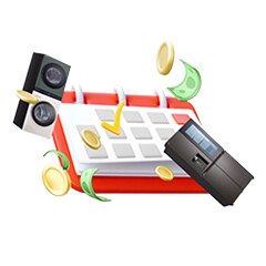Monthly calendar, coins, and appliances symbolizing affordable subscription plans	