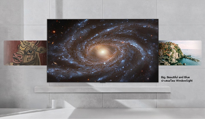 LG TV แบบติดตั้งบนผนัง แสดงเนื้อหาที่หลากหลายหมุนเวียนไปบนหน้าจอ ตั้งแต่งานศิลปะคลาสสิก ศิลปะร่วมสมัย ภาพถ่าย วอลเปเปอร์ และอื่นๆ 