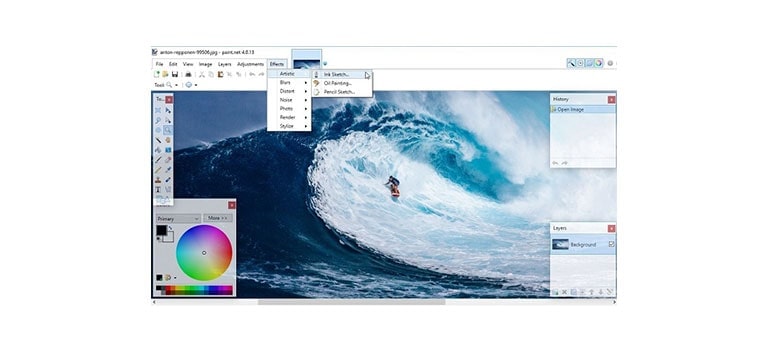 หน้าต่างการทำงานโปรแกรมแต่งรูป Paint.net