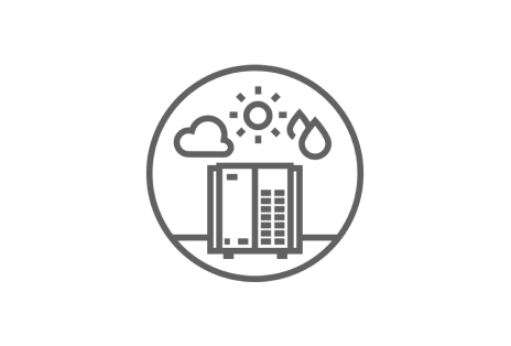 The LG MULTI V i unit, featuring a cloud, sun, and raindrop, all outlined in black, holds a central position within a circular shape.