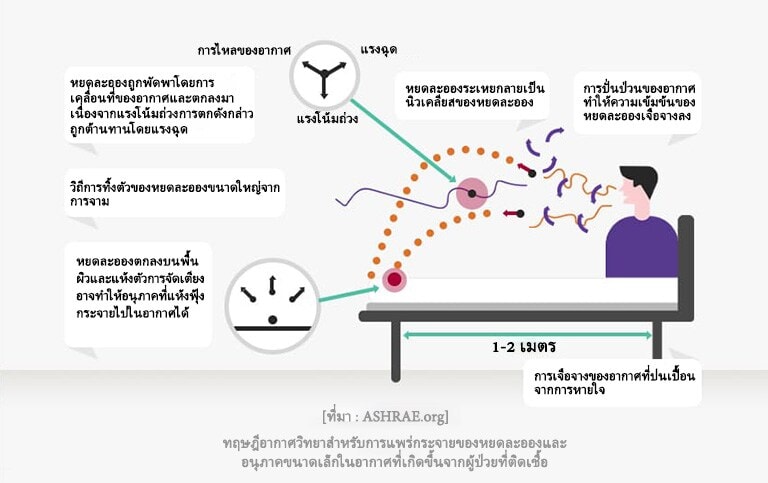 การไหลของอากาศ แรงลาก แรงโน้มถ่วง หยดละอองถูกพัดพาโดยการเคลื่อนที่ของอากาศและตกลงมาเนื่องจากแรงโน้มถ่วง การตกดังกล่าวถูกต้านทานโดยแรงฉุด หยดละอองระเหยกลายเป็นนิวเคลียสของหยดละออง การปั่นป่วนของอากาศทำให้ความเข้มข้นของหยดละอองเจือจางลง วิถีการทิ้งตัวของหยดละอองขนาดใหญ่จากการจาม หยดละอองตกลงบนพื้นผิวและแห้งตัว การจัดเตียงอาจทำให้อนุภาคที่แห้งฟุ้งกระจายไปในอากาศได้ 1-2 เมตร การเจือจางของอากาศที่ปนเปื้อนจากการหายใจ [ที่มา: ASHRAE.org] ทฤษฎีอากาศวิทยาสำหรับการแพร่กระจายของหยดละอองและอนุภาคขนาดเล็กในอากาศที่เกิดขึ้นจากผู้ป่วยที่ติดเชื้อ