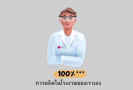 ภาพของมอเตอร์ DD ที่เคลื่อนที่จากสายพานลำเลียง ภาพเครื่องหมายสิทธิบัตร และภาพนักวิจัยของ LG ที่จัดเรียงตามลำดับ