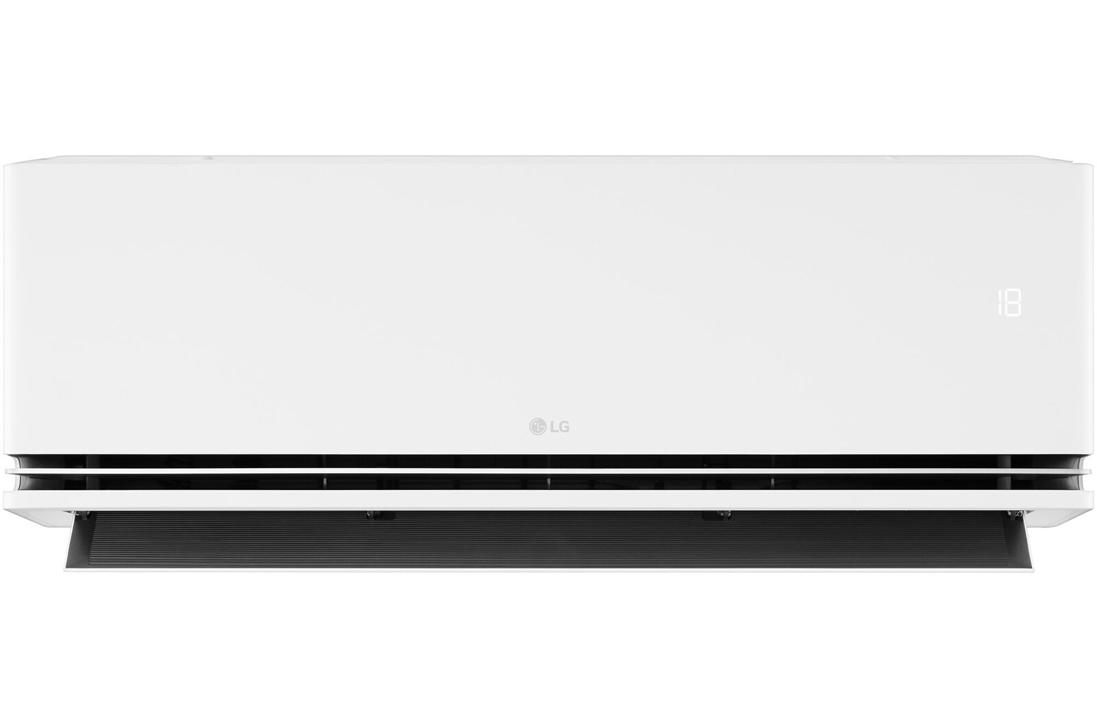 มุมมองด้านหน้าของเครื่องปรับอากาศ LG ที่มีใบพัดด้านล่างเปิดอยู่
