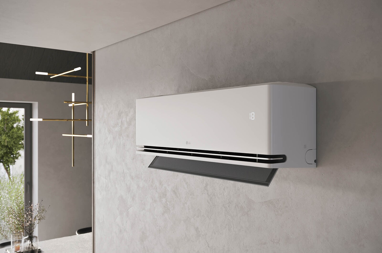 เครื่องปรับอากาศ LG ai พร้อมใบพัดเปิดแสดงอุณหภูมิ 18°C