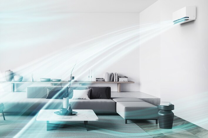 ห้องนั่งเล่นมีสไตล์ด้วยเครื่องปรับอากาศ LG ที่ใช้เทคโนโลยี Dual Vane เพื่อส่งลมได้เร็วยิ่งขึ้นทั่วทั้งพื้นที่
