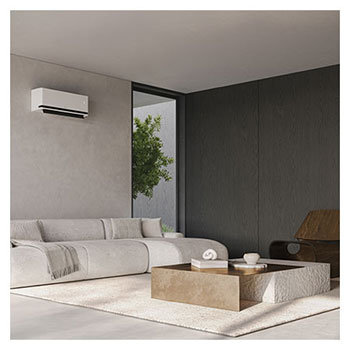 ห้องนั่งเล่นทันสมัยพร้อมเครื่องปรับอากาศ LG บนผนัง