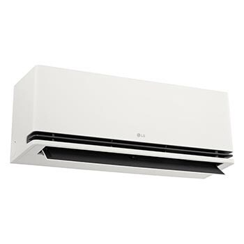 มุมมองด้านหน้าซ้ายมุมต่ำของเครื่องปรับอากาศ LG ai พร้อมใบพัดเปิดด้านล่าง