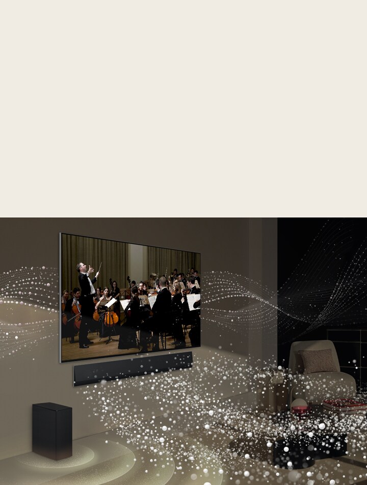 LG Soundbar, LG TV and a subwoofer are in a living room playing a musical performance. White droplets make waves of sound that shoot forward from the soundbar and project from the TV. A subwoofer is creating a sound effect from the bottom.