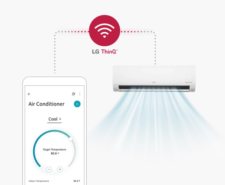 สมาร์ตโฟนกำลังแสดงแอปฯ LG ThinQ ทางด้านซ้ายมือ และเชื่อมต่อกับเครื่องปรับอากาศ LG ทางด้านขวามือด้วยเส้นประ