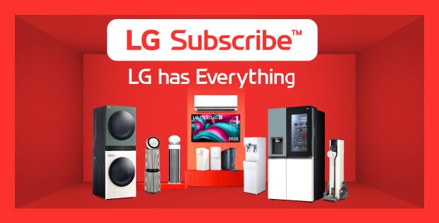 LG Subscribe พื้นหลังสีแดง จัดแสดงสินค้า LG WashTower, เครื่องฟอกอากาศ ทีวี OLED และเครื่องดูดฝุ่นไร้สาย