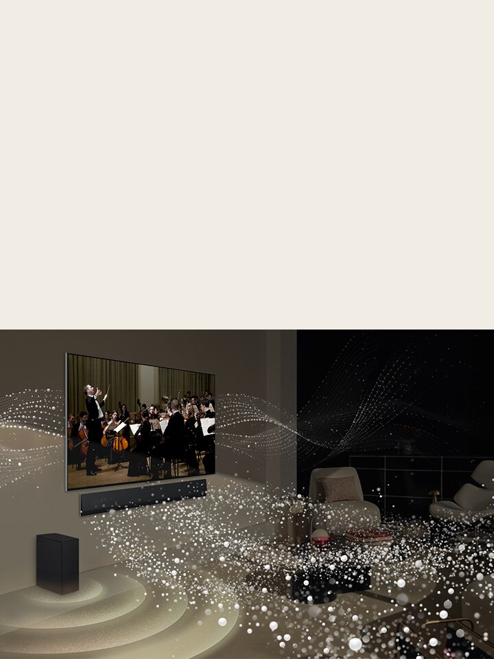ทีวี LG OLED และซาวด์บาร์ติดตั้งอยู่บนผนังในห้องนั่งเล่น และมีกราฟิกรูปทรงสว่างสดใสทั่วห้อง
