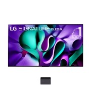 มุมมองด้านหน้าของ LG OLED TV, OLED M4 SIGNATURE, สัญลักษณ์ 11 ปีแห่งการเป็น OLED อันดับ 1 ของโลก, โลโก้โปรแกรม webOS Re:New และกล่อง Zero Connect พร้อมการถ่ายโอนวิดีโอและเสียงไร้สาย 4K ที่เชื่อมต่อกับทีวี และสัญญาณ Wi-Fi ออกมาจากกล่อง