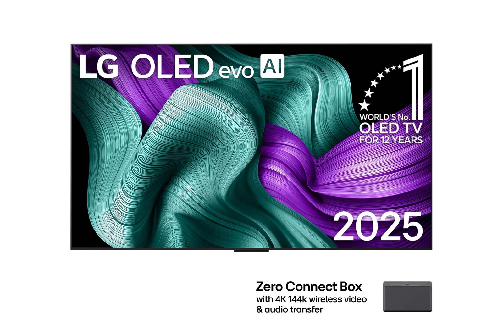 มุมมองด้านหน้าของทีวี LG OLED M5 มีตราสัญลักษณ์ OLED อันดับ 1 ของโลกครบรอบ 12 ปี และโลโก้ LG OLED evo AI 2025 บนหน้าจอ Zero Connect Box อยู่ที่มุมพร้อมชื่อ Zero Connect Box พร้อมการถ่ายโอนวิดีโอและเสียงแบบไร้สาย 4K 144Hz (Add model suffix)