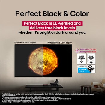 เวอร์ชันจอแสดงผล Non Perfect Black" ห้องนั่งเล่นพร้อมทีวี LG OLED แบบติดผนัง บนทีวีมีเทือกเขาตัดกับท้องฟ้ายามเย็นอันมืดมิดที่เต็มไปด้วยดวงดาว ฉากนี้ถูกแบ่งครึ่งเพื่อแสดงให้เห็นว่า Perfect Black ให้ระดับสีดำที่แท้จริงได้อย่างไร ไม่ว่ารอบตัวคุณจะสว่างหรือมืดก็ตาม ด้านหนึ่งของฉากแสดงภาพทิวทัศน์ที่หม่นหมองและมีสีเทาขึ้น โดยมีป้ายชื่อว่าจอแสดงผล Non Perfect Black อีกด้านหนึ่งเป็นภาพที่สวยงามกว่าโดยมีช่วงไดนามิกของสีดำและสีขาวที่กว้างขึ้น ซึ่งป้ายชื่อว่าจอแสดงผล Perfect Black นอกจากนี้ ยังมองเห็นใบรับรองโลโก้ได้ เทคโนโลยี Perfect Black ให้ระดับสีดำน้อยกว่าหรือเท่ากับ 0.24 นิตจนถึง 500 ลักซ์ มีกรอบข้อความอยู่ข้างๆ ระบุว่า ตรวจสอบเครื่องหมายรับรอง Perfect Black