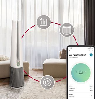  เครื่องฟอกอากาศ LG Puricare Aero Tower แสดงการทำงานการสั่งงานเครื่องฟอกอากาศ ผ่านแอป LGThinQ